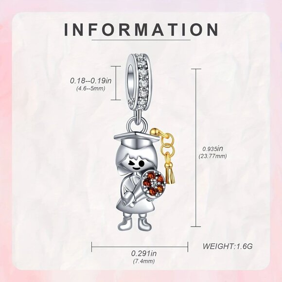 Sterling Silver Graduation Charm Girl Graduate with Cap and Gown Dangle - Picture 3 of 3